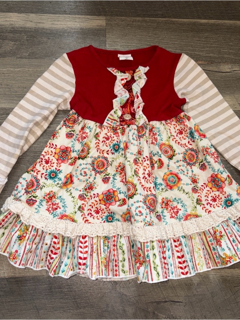 Ricrac & Ruffles Longsleeve Dress Boho Hippie Festival‎ 100% Cotton Size 2T